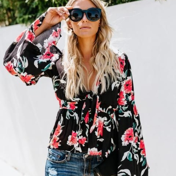 Vici Tops - Monte Rosa Floral Tie Blouse